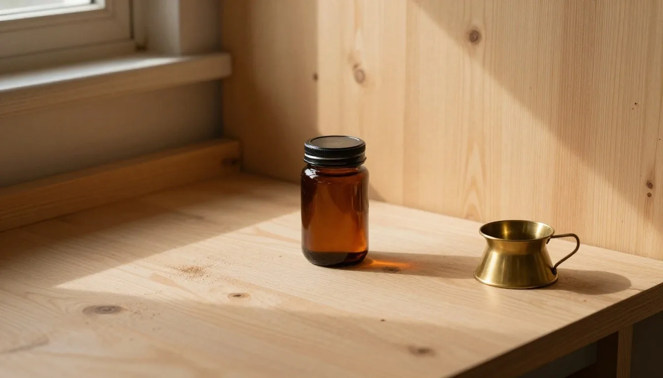 Atelier TY ERMA YVON — pots de compléments sur un établi en après-midi