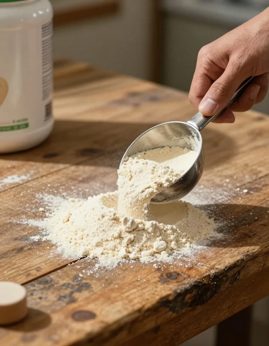 Main déposant une dose mesurée sur un établi