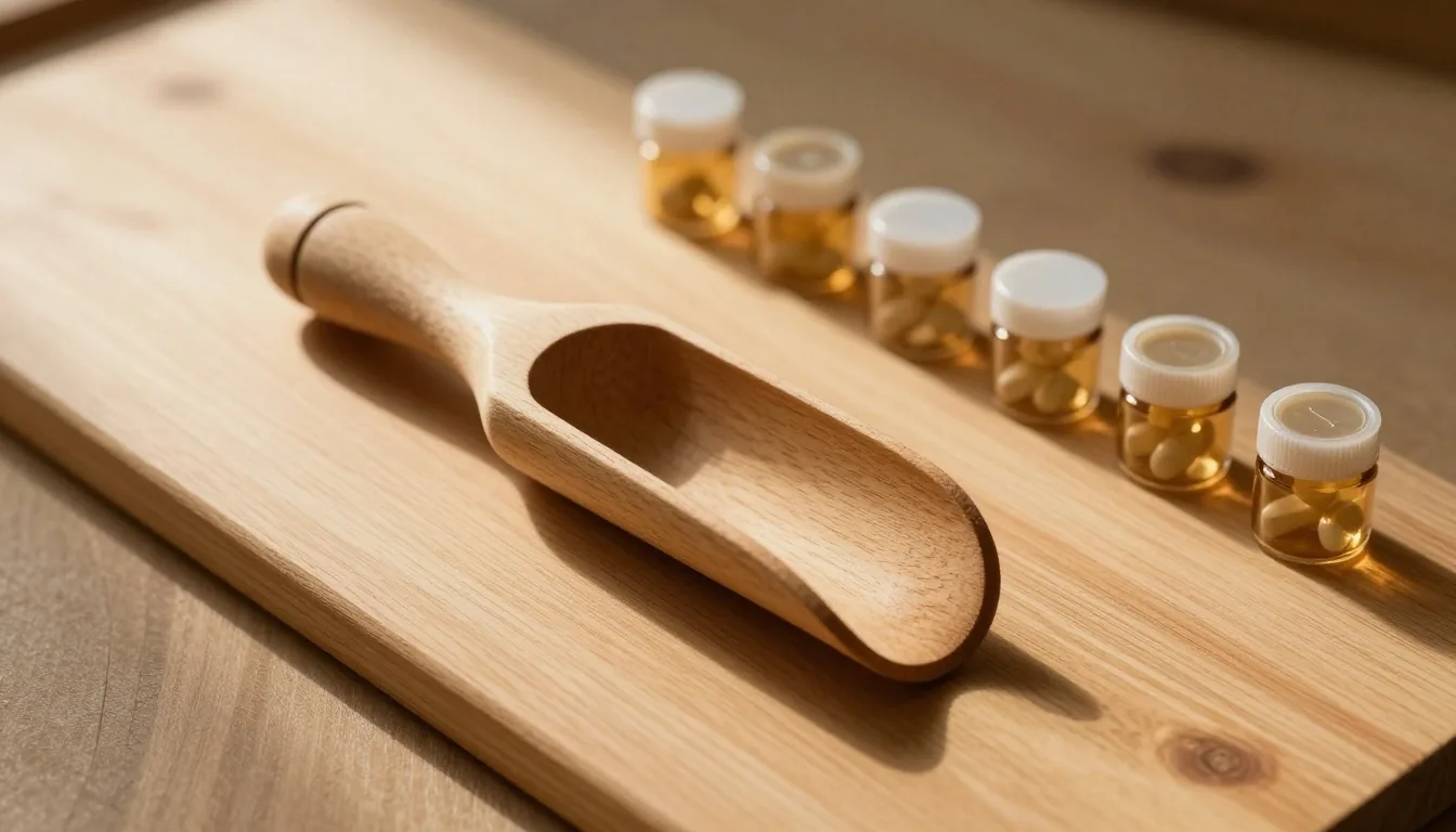 Banc d'atelier — scoop de dosage et pots de compléments en rang sur un banc en pin