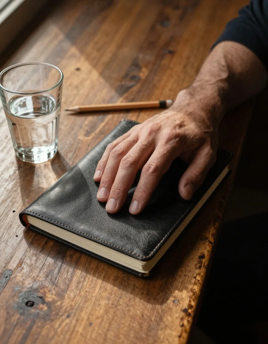 Journal d'entraînement ouvert sur un établi en bois