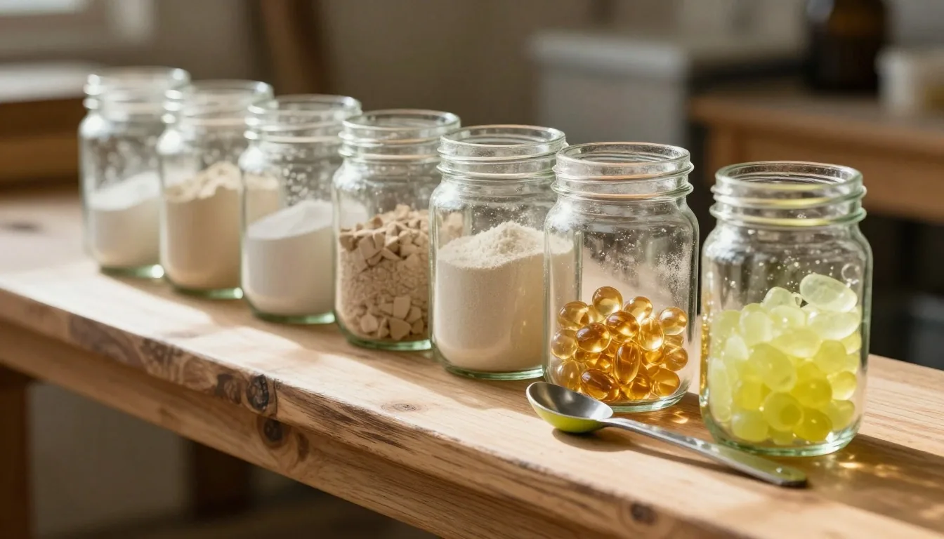 Pots de compléments alignés sur un établi