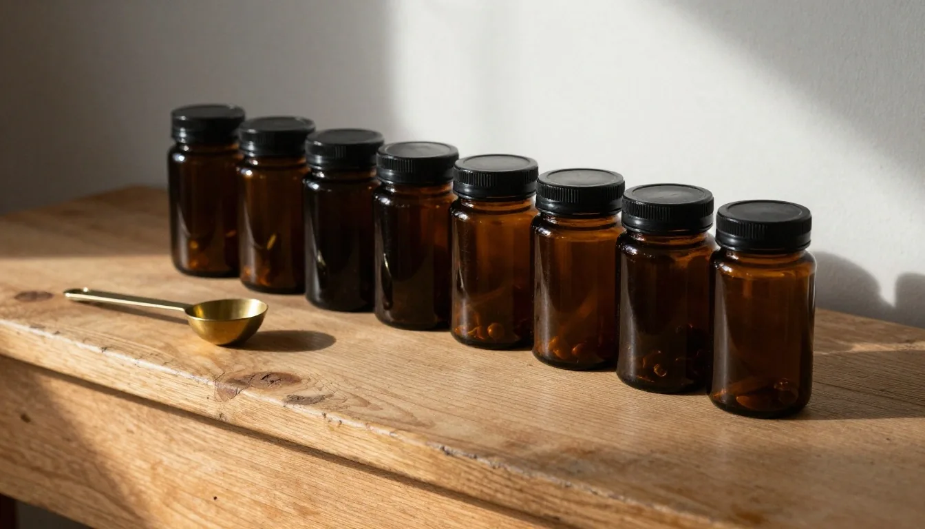 Atelier de TY ERMA YVON — jars de compléments sur un établi en pin, lumière rasante de fin d'après-midi