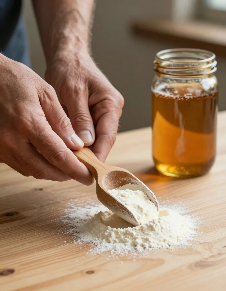 Mesure d'une dose de protéine à côté d'un jar sur un établi en pin