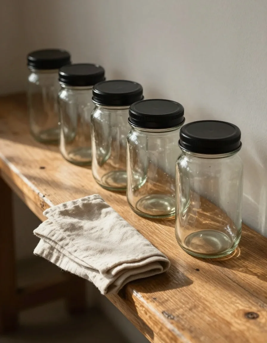 Rangée de jars en verre avec étiquettes manuscrites sur un établi en pin