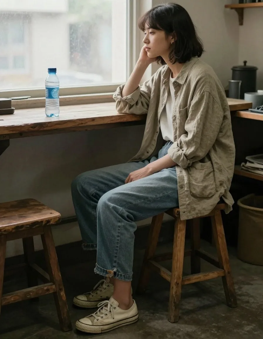 Coin repos d'atelier avec baskets et gilet sur un tabouret
