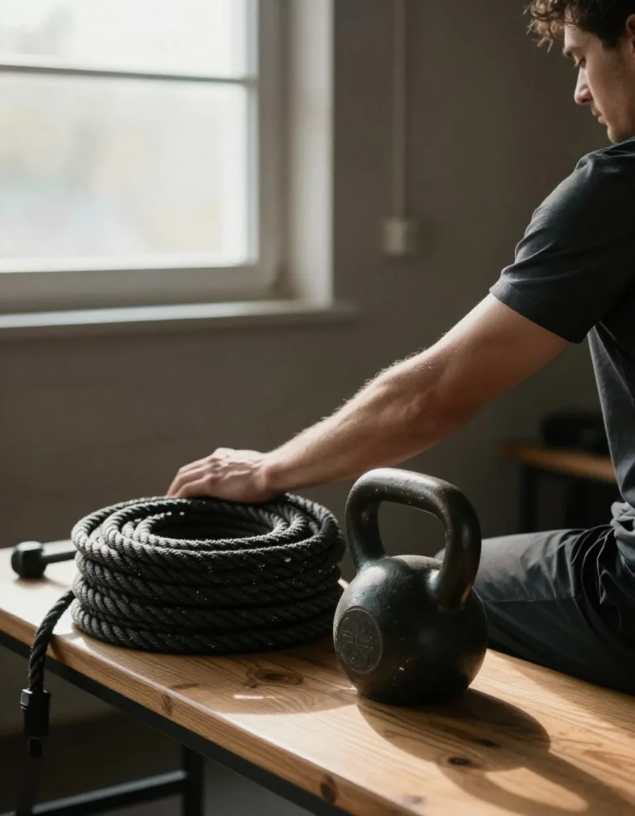 Journal d'entraînement ouvert sur un établi en bois
