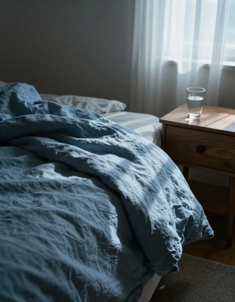 Table de chevet à l'aube avec verre d'eau et journal