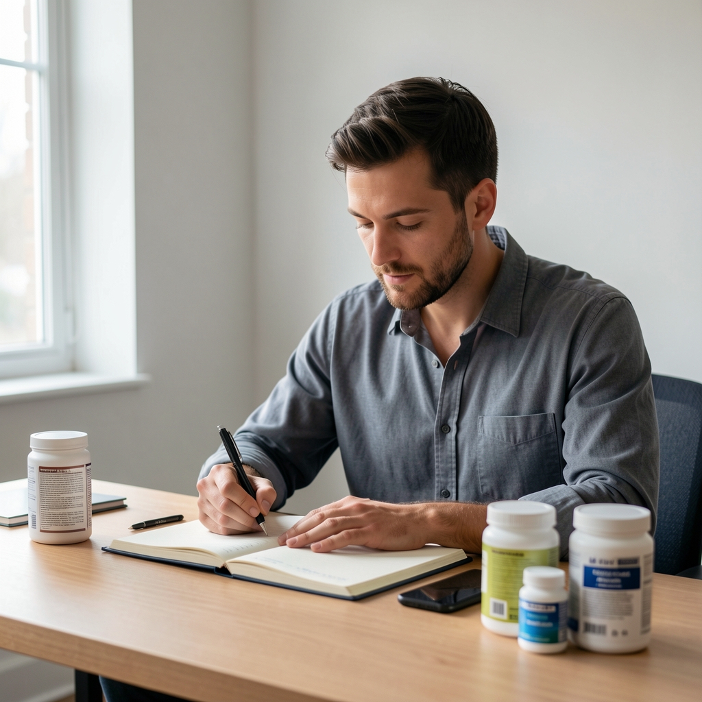 Man reviewing nutrition notes in a well-lit studio space, soft daylight from a side window