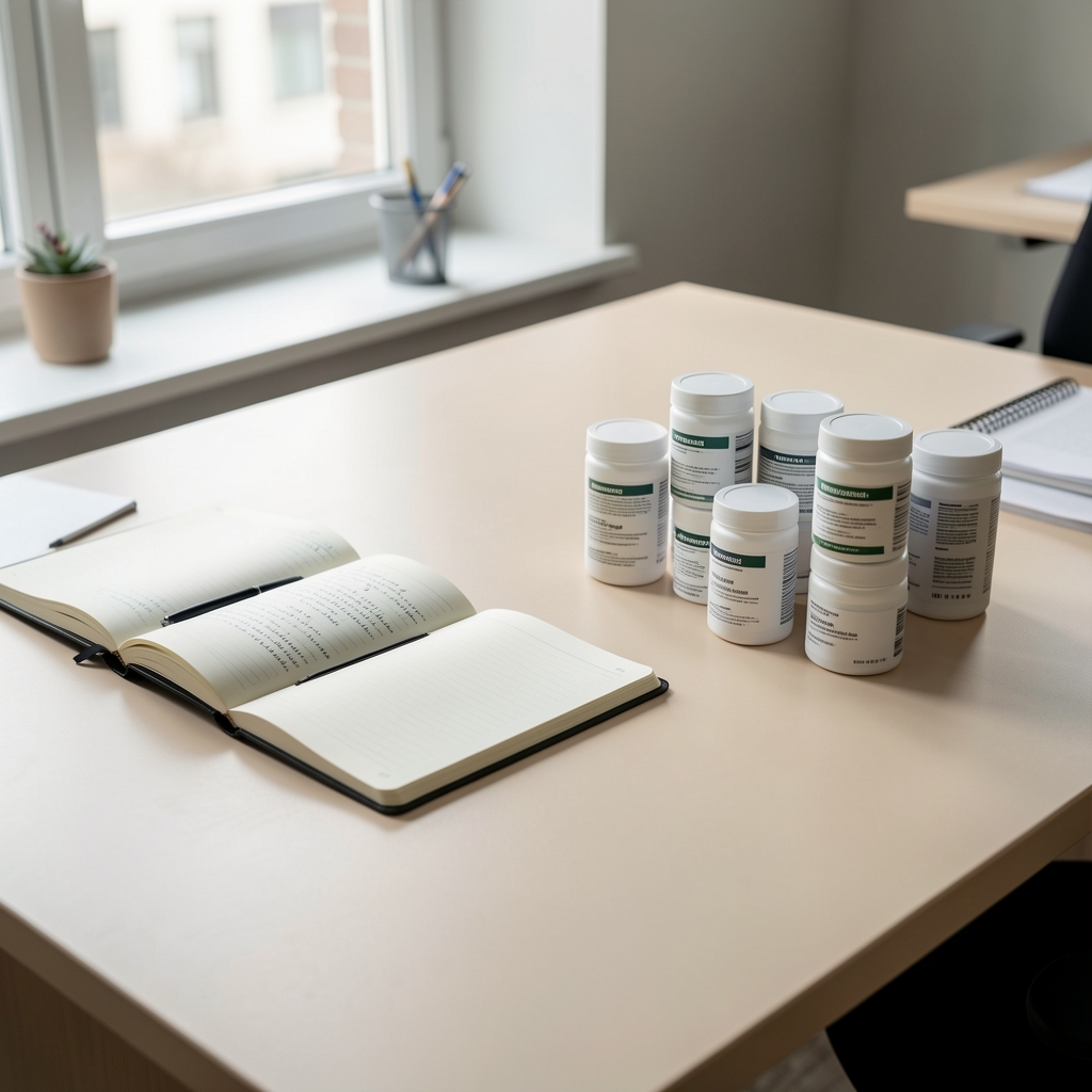 Editorial workspace with supplement labels arranged on a pale desk, overhead composition in natural daylight