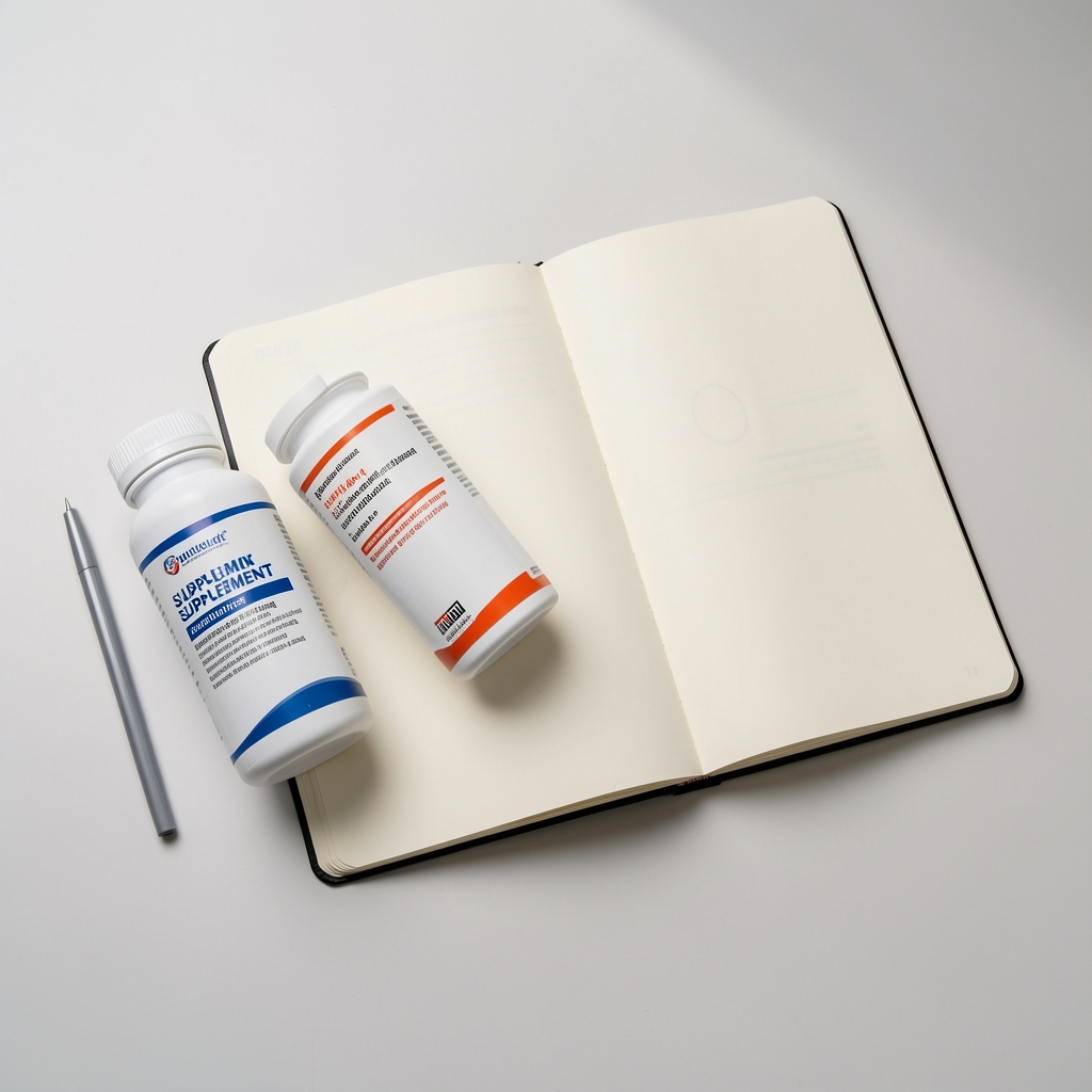 Supplement labels and an open notebook arranged on a light surface under studio lighting, overhead composition
