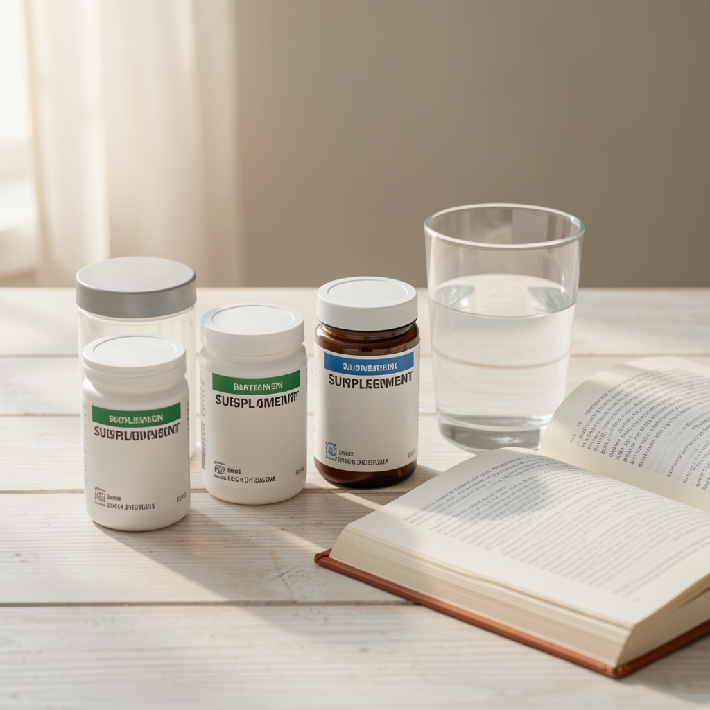 Supplement containers arranged beside a glass of water and open journal on a pale wooden surface, morning editorial composition