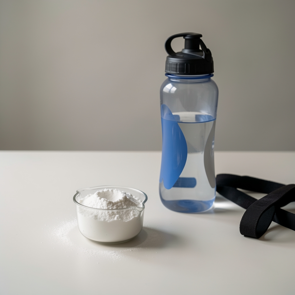 Creatine powder measuring scoop on a clean neutral surface beside a gym water bottle and resistance bands
