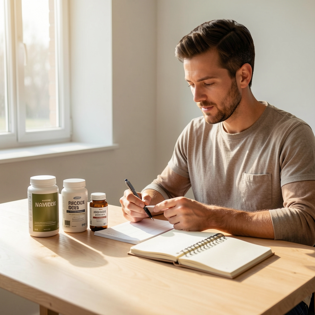 Man reviewing supplement containers and a notebook on a minimal wooden desk in morning light